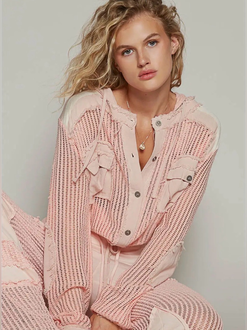 POL Effortless Open Knit Hooded Shirt Jacket | Peach | SM140